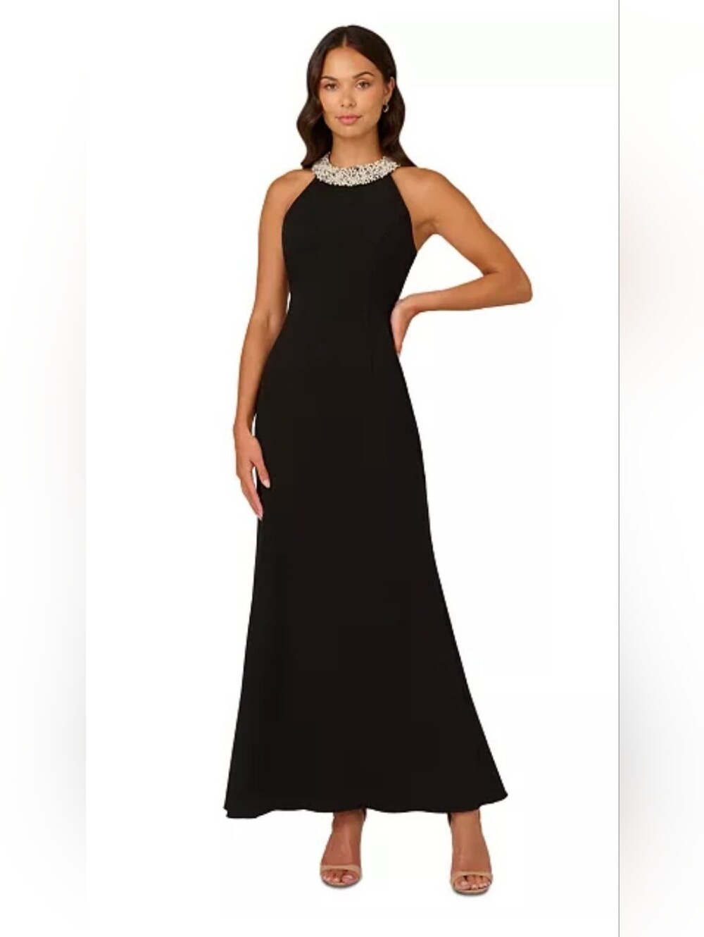 Adrianna Papell Black Halter Maxi Dress with Beaded Neckline